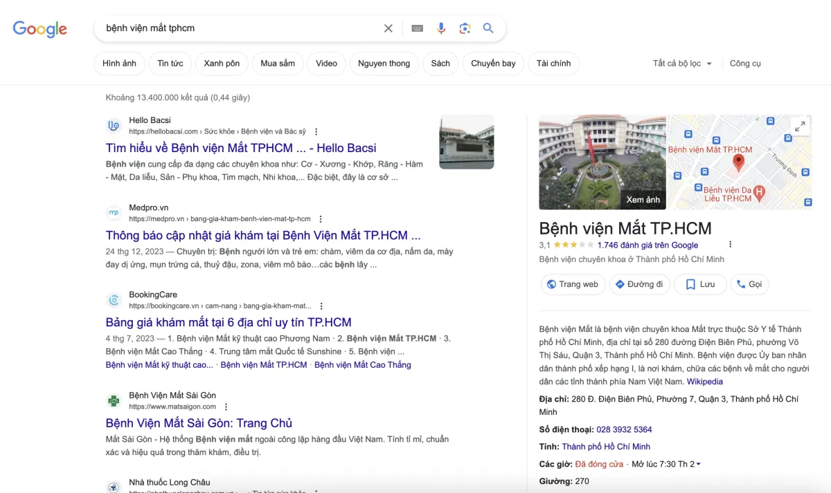 Kết quả Google cho từ khóa bệnh viện mắt tphcm: Hello Bacsi