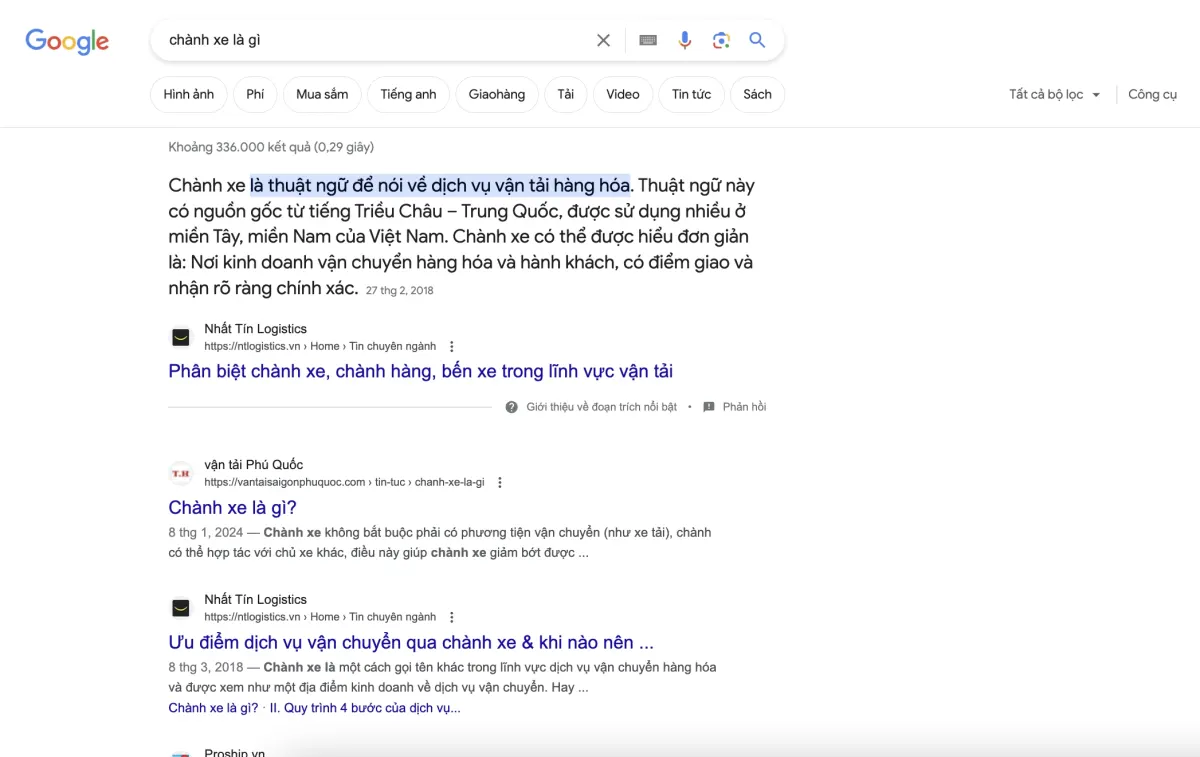 Kết quả Google cho từ khóa chành xe là gì: Nhất Tín Logistics