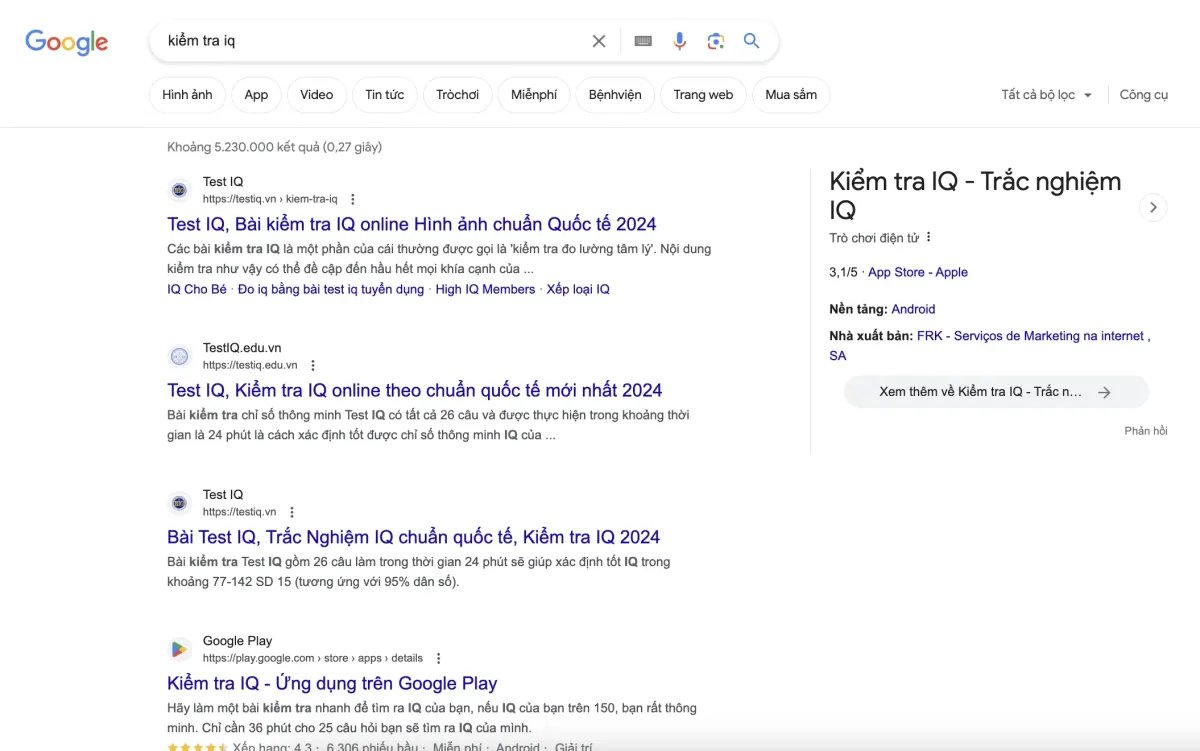 Kết quả Google cho từ khóa kiểm tra iq: testiq.vn và testiq.edu.vn