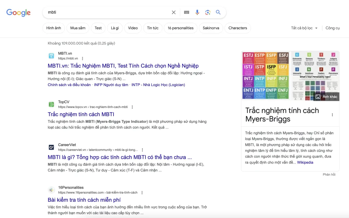 Kết quả Google cho từ khóa mbti: MBTI.vn