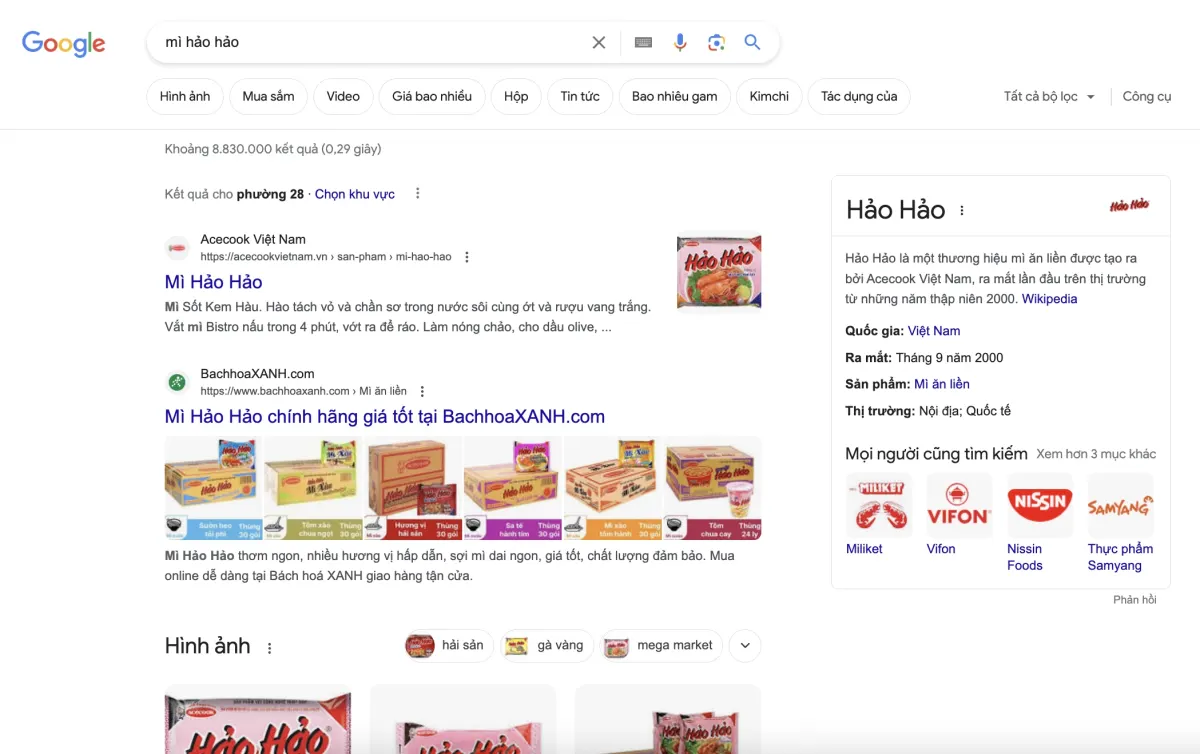 Kết quả Google cho từ khóa mì hảo hảo: Acecook Việt Nam