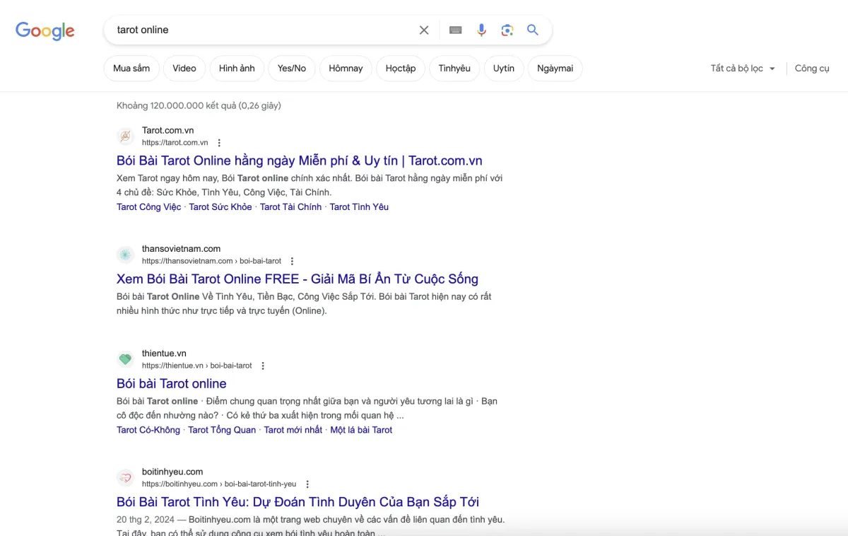 Kết quả Google cho từ khóa tarot online: Tarot.com.vn