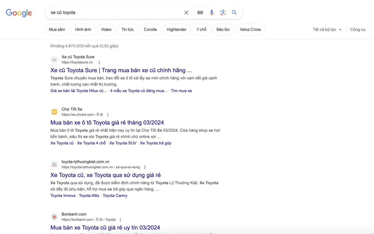 Kết quả Google cho từ khóa xe cũ toyota: Toyota Sure
